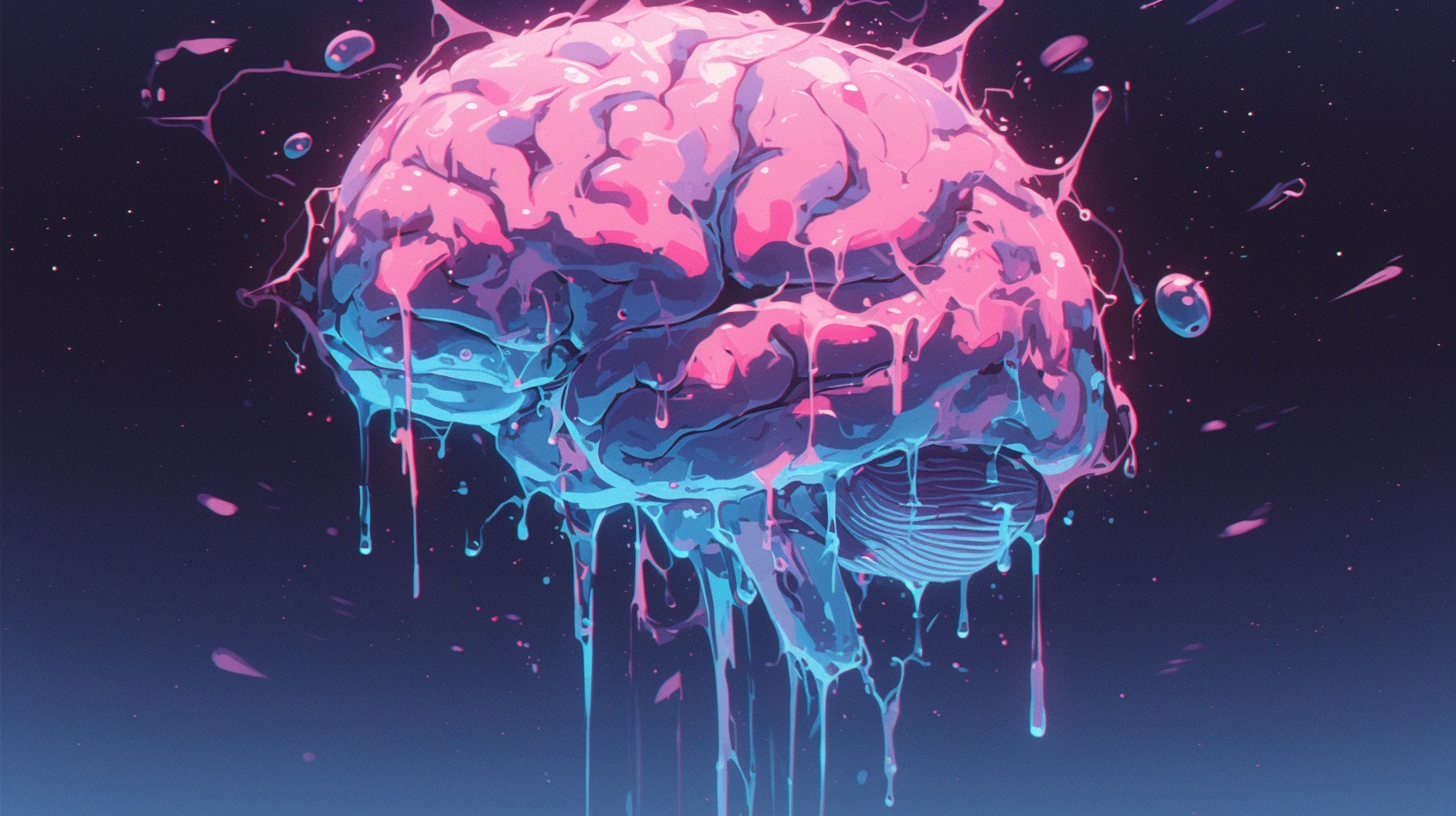 Colorful digital art of a melting brain in pink and blue, with vein-like patterns and floating bubbles against a dark backgro