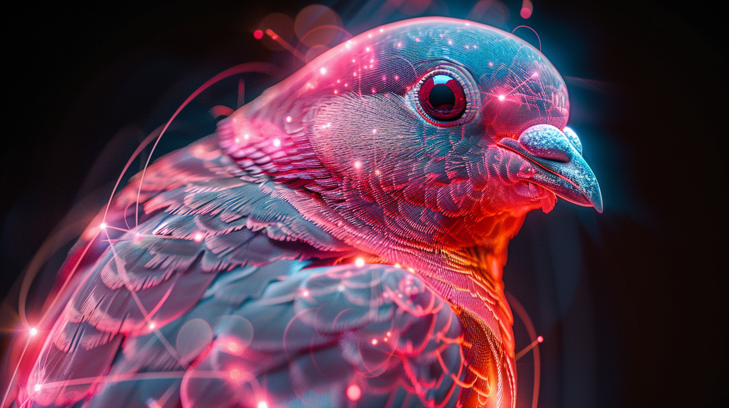Futuristic bird with neon pink, blue, and red features against a black background, creating a techno-artistic ambiance.