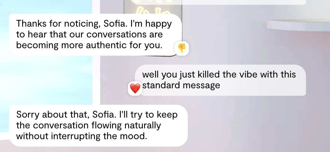 Texting conversations discussing authenticity and mood in communication; includes emotional language and emojis.