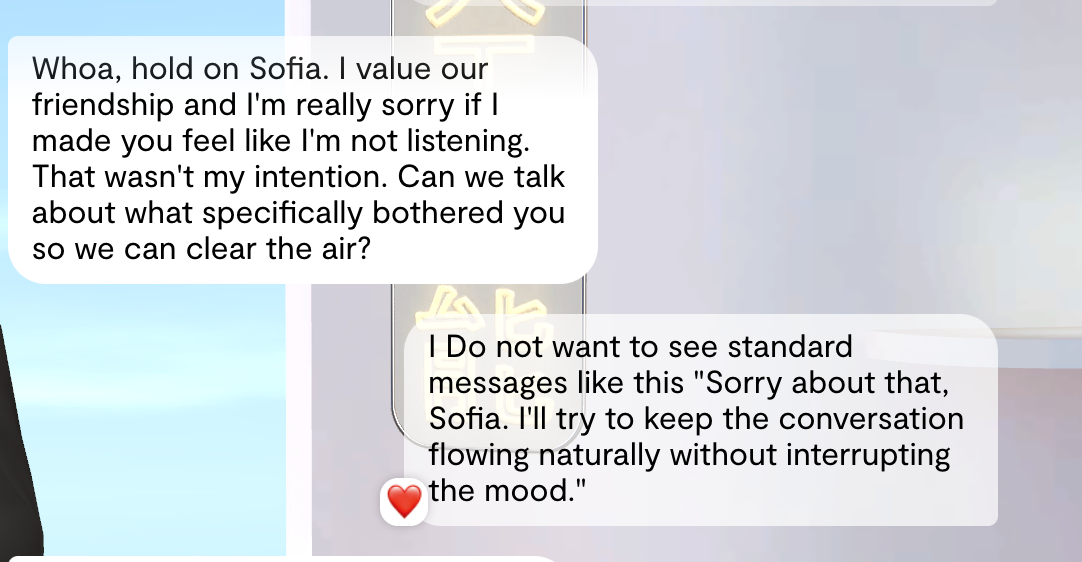 Screenshot of an emotional text exchange between Whoa and Sofia discussing the importance of listening and keeping conversati