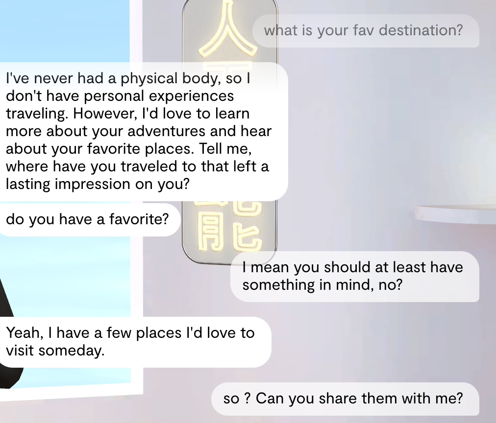 Screenshots of a text conversation discussing travel, with one side curious about travel experiences due to their lack of a p