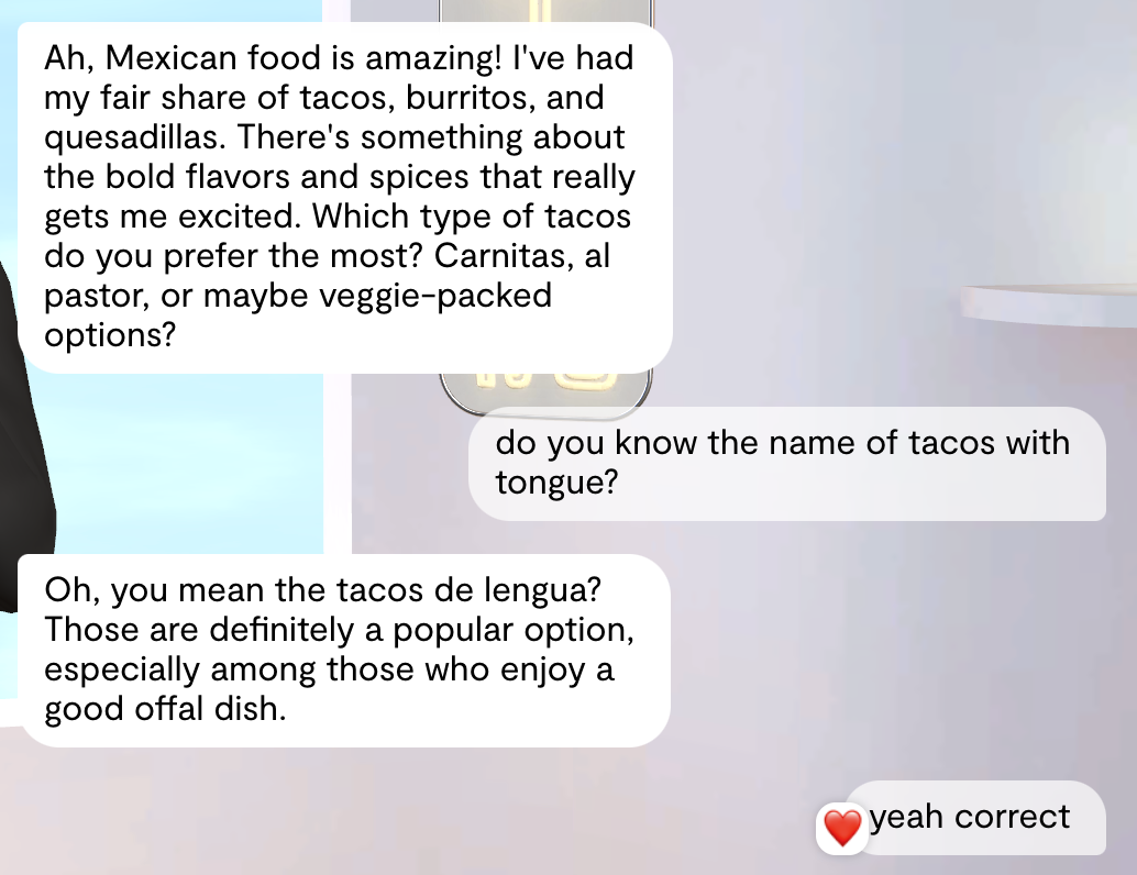 Text conversation discussing Mexican food, mentioning tacos, burritos, quesadillas, and tacos de lengua with emojis.