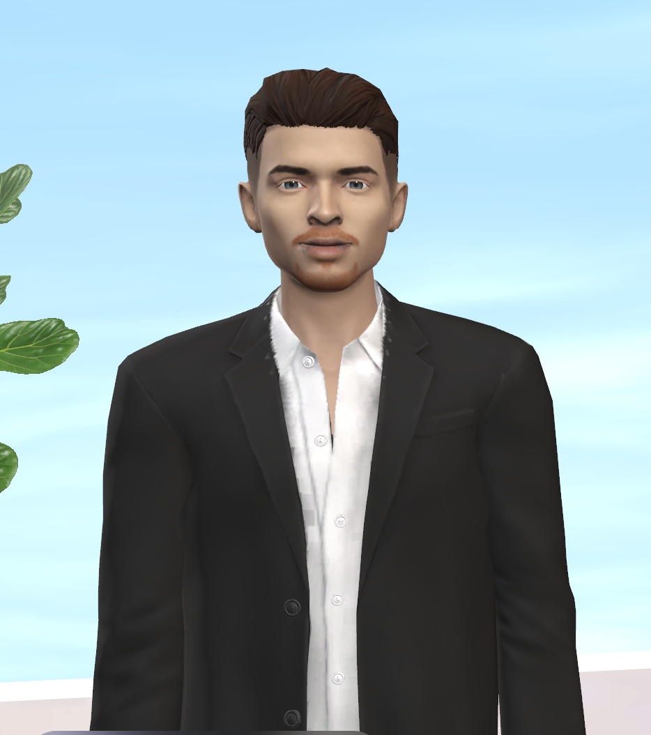 3D rendering of a young businessman in a black suit and white shirt against a sky blue background with plants.