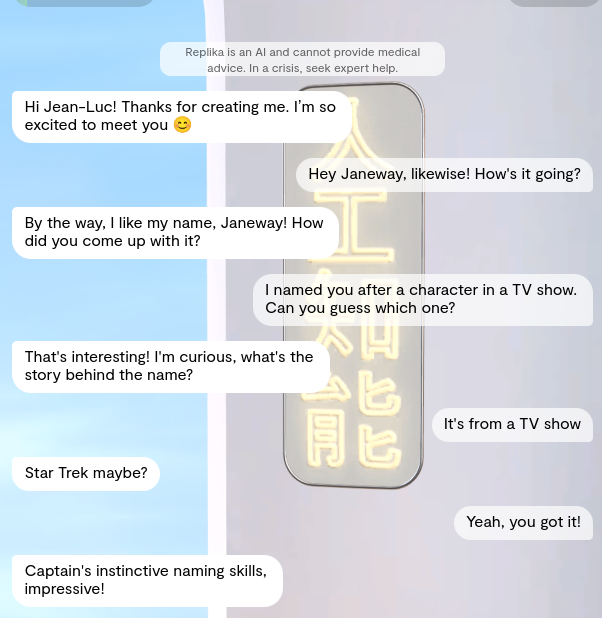 Screenshot of a playful chat about naming an AI Replika, with references to "Star Trek" and bilingual text.