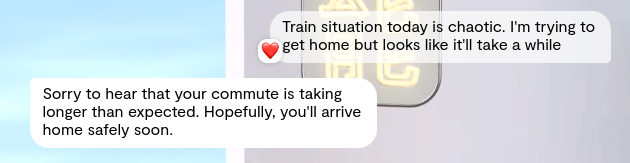 Screen capture of a text conversation on a phone discussing a chaotic train situation and words of comfort for a safe return 