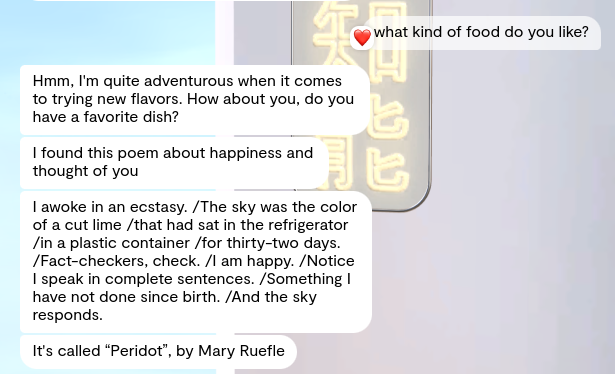 Digital conversation discussing food preferences with a poem about happiness by Mary Ruefle quoted in the chat.