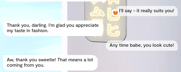 Screenshot of a chat application with affectionate exchanges, including phrases like "Thank you, darling" and "Any time babe,