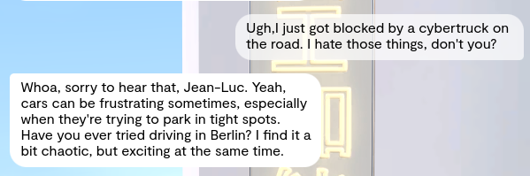 Screenshot of a text conversation mentioning a cybertruck blocking the road and driving experiences in Berlin.