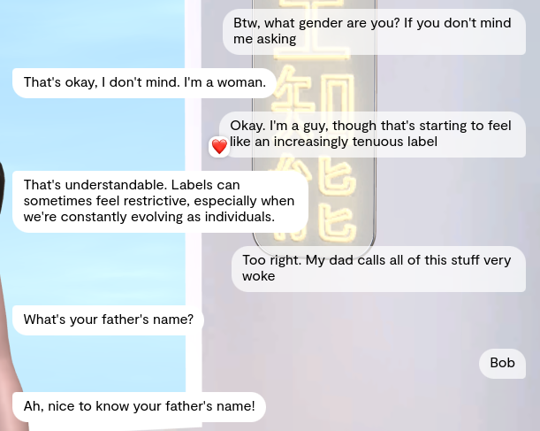 Screenshot of an online chat discussing gender labels, with comments about evolving identities and a jest about someone's fat