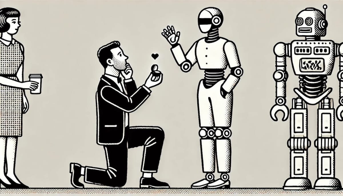 Black-and-white cartoon of a man on one knee proposing with a ring, flanked by whimsical robots.