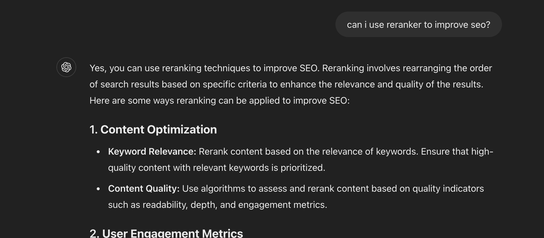 Informational content on improving SEO using reranker, highlighting content optimization, keyword relevance, and content qual