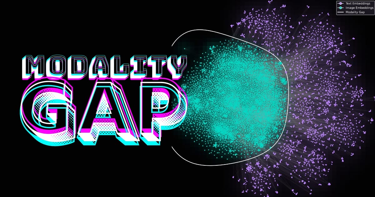 Futuristic black image with "modality gap" in 3D purple letters, additional text, and a dynamic glass sphere effect.