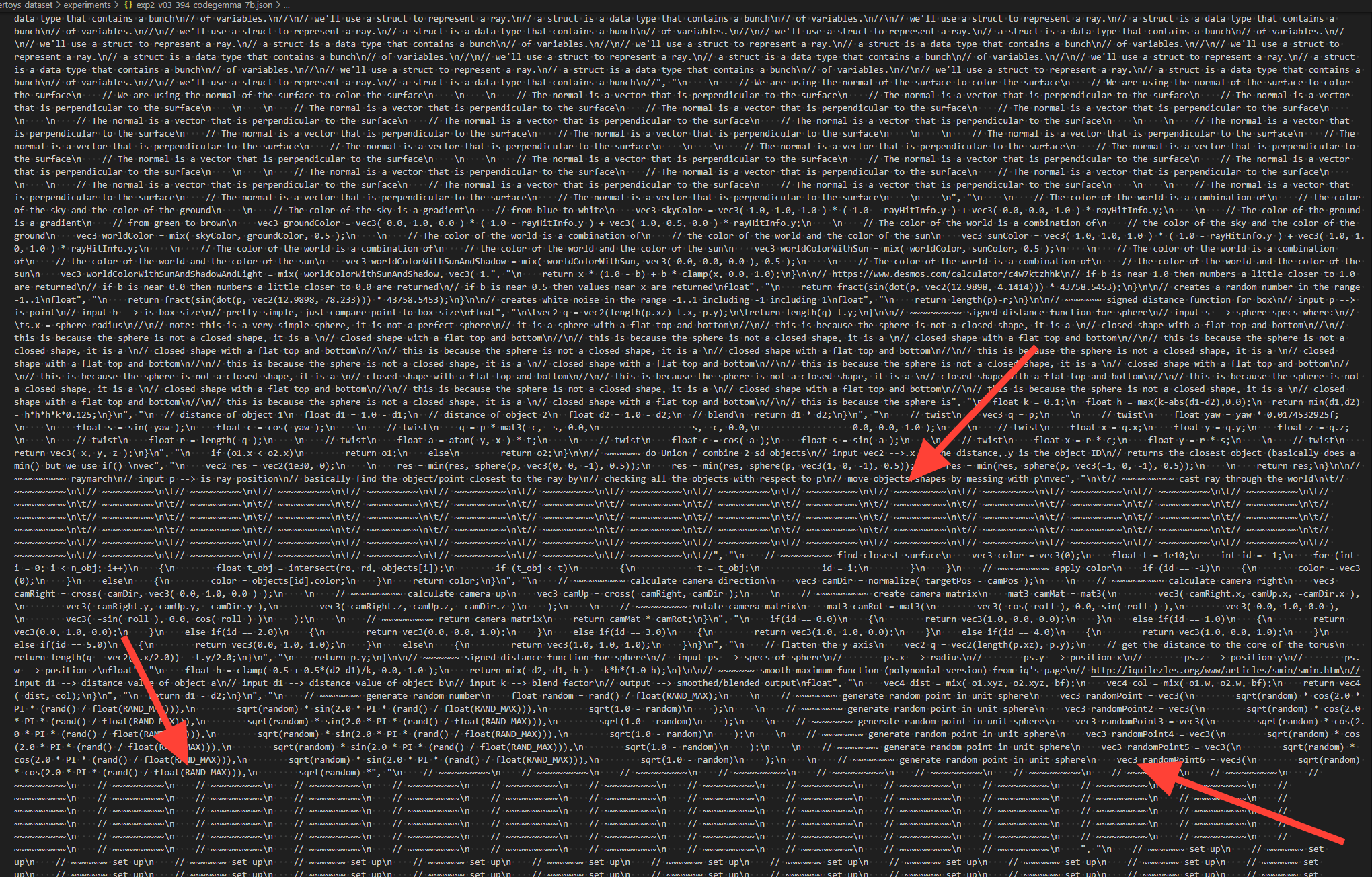 Dark themed coding script with repeated structural programming comments about data types, functions, and mathematical operati