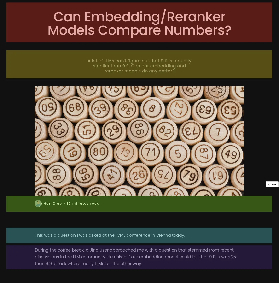 Webpage discussing if embedding/reranker models can compare numbers, with a grid of numbered circles and references to an ICM