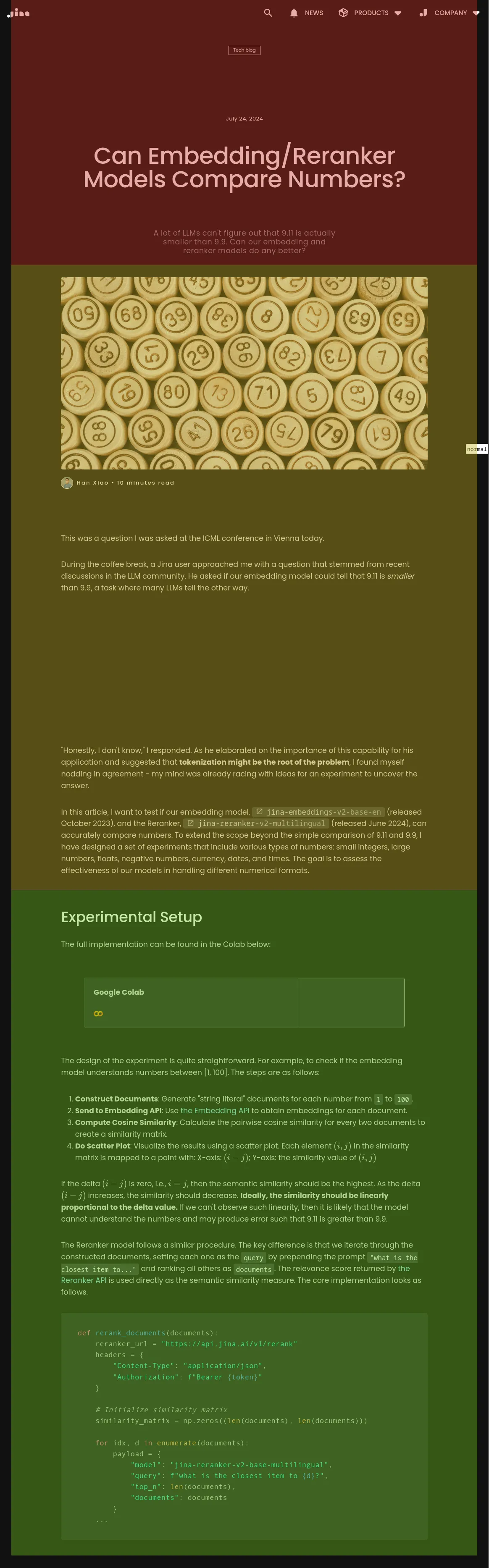 Green and gold-themed academic webpage discussing embedding/reranker models and experiment setup.