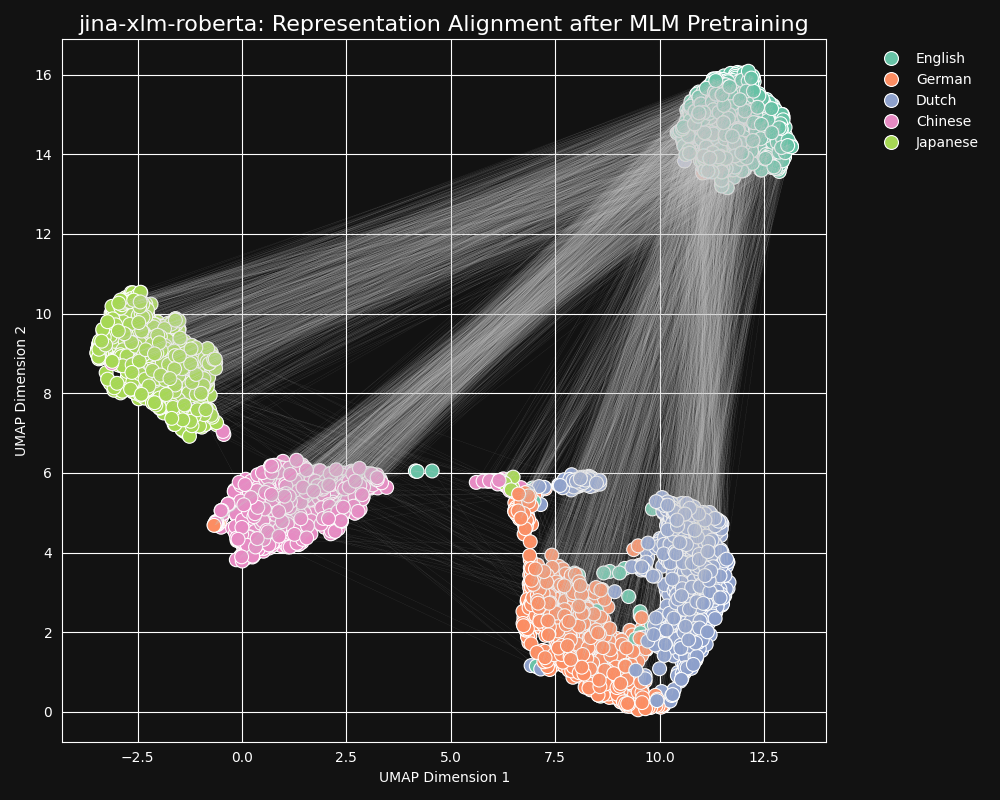 Multilingual scatterplot showing word embeddings' alignment across five languages on UMAP dimensions.