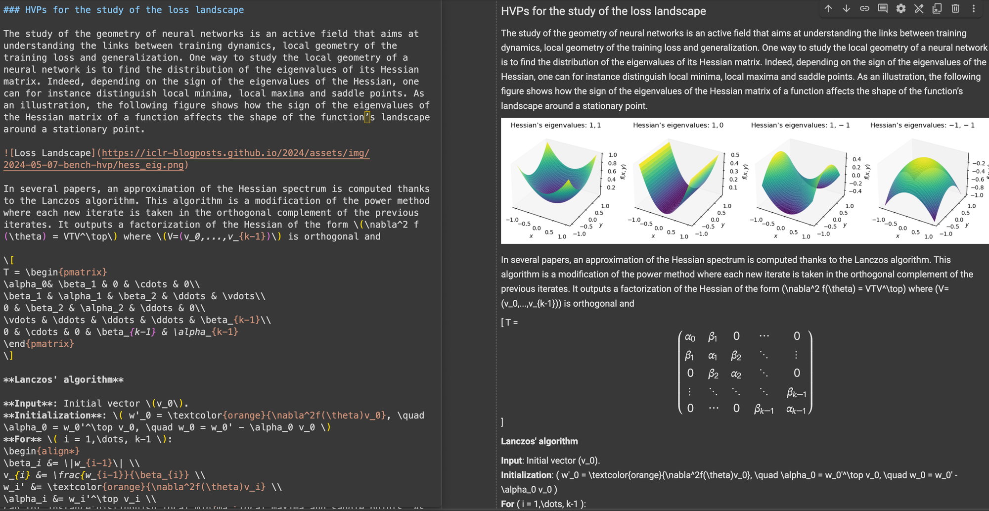 Screenshot of a research document about neural network loss landscape with equations on left and corresponding code in Jupyte