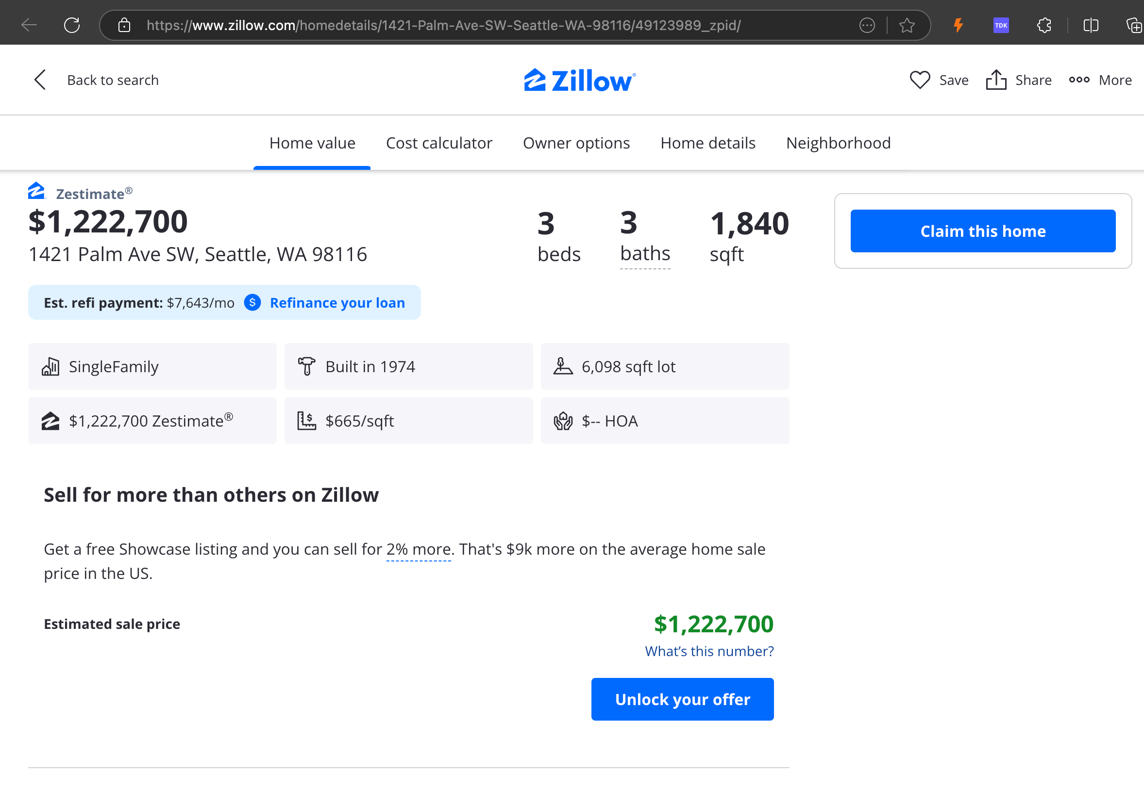Zillow listing page for a 3 bed, 3 bath house at 1421 Palm Ave in Seattle, valued at $1,222,700 with refinance and claim opti