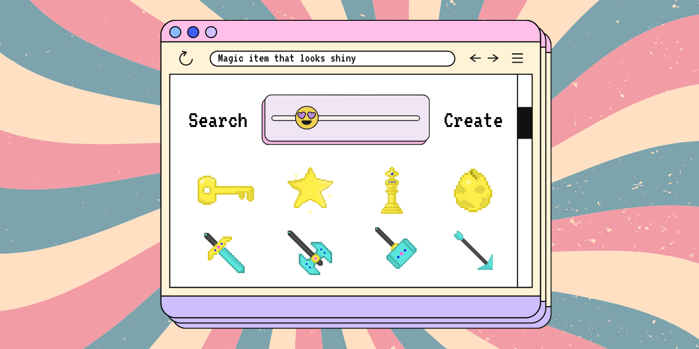 Colorful laptop screen display with search and create buttons, icons, and the caption "Magic item that looks shiny.