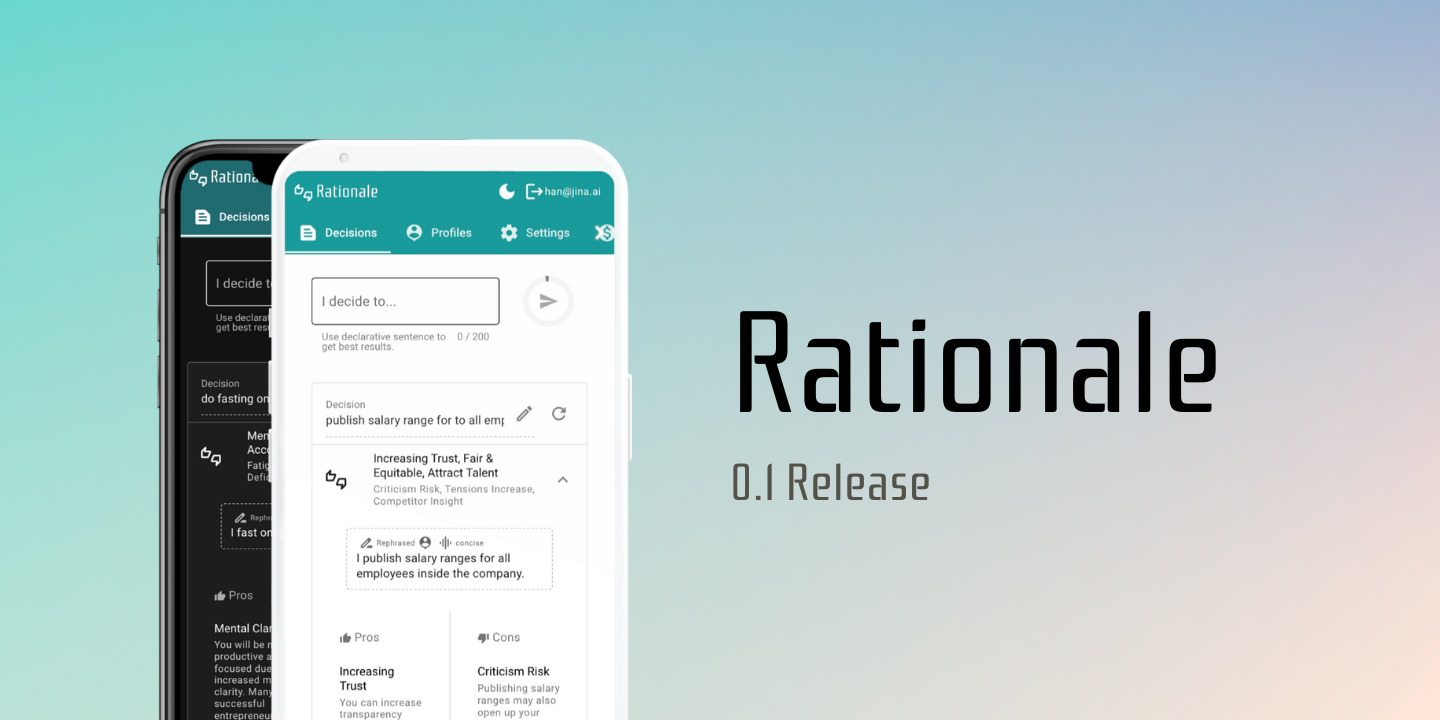 Rationale app version 0.1 Release ad with two devices showing features like decision-making tools and salary transparency