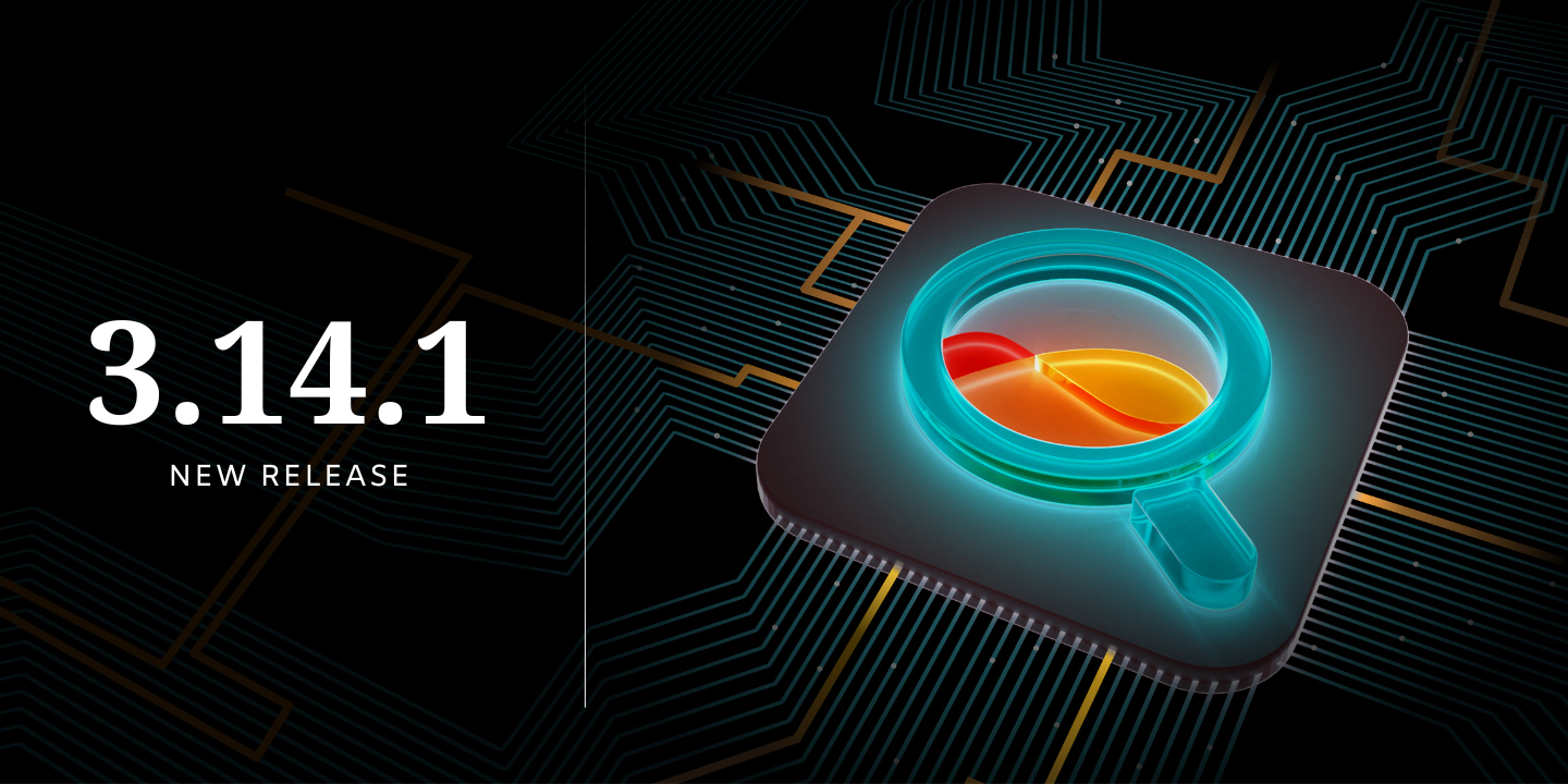 Illustration of a chip under a blue magnifying glass, with "3.14.1 NEW RELEASE" text, on a circuit board background