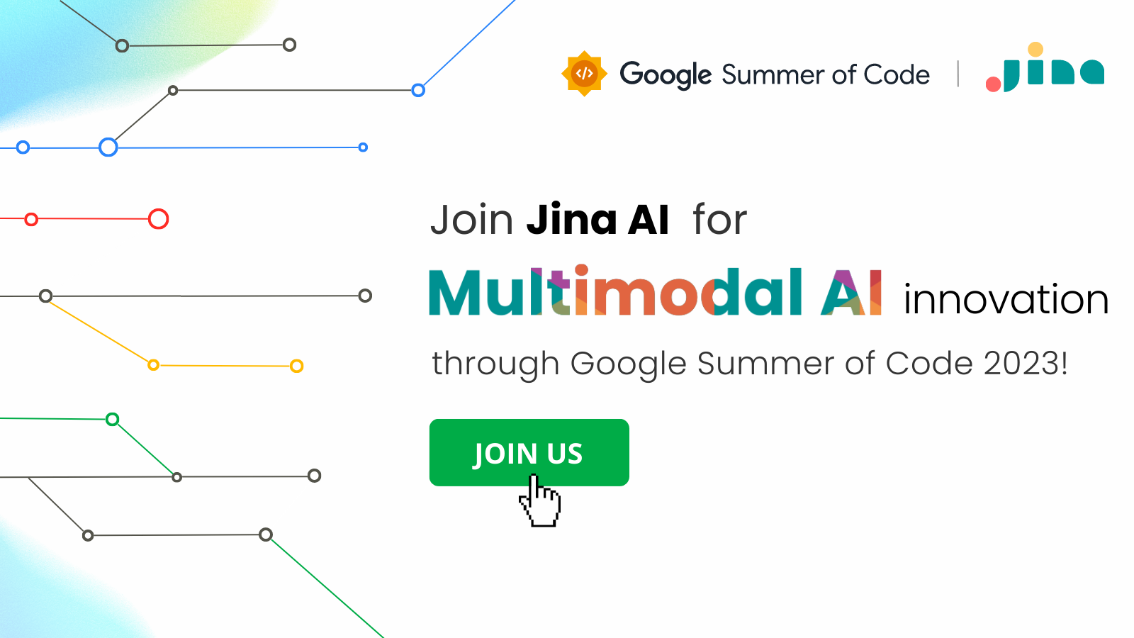 Promotional banner for Jina AI's participation in Google Summer of Code 2023, featuring a "JOIN US" button and company brandi