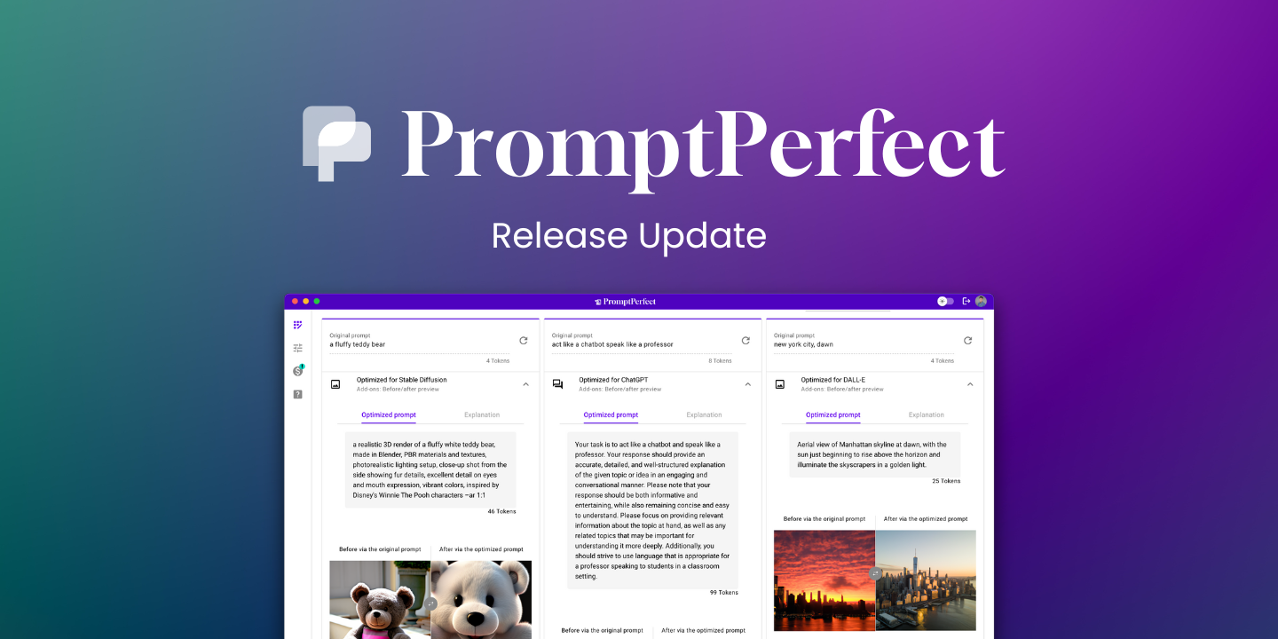 PromptPerfect logo with "Release Update" text on purple and blue gradient background indicating new features