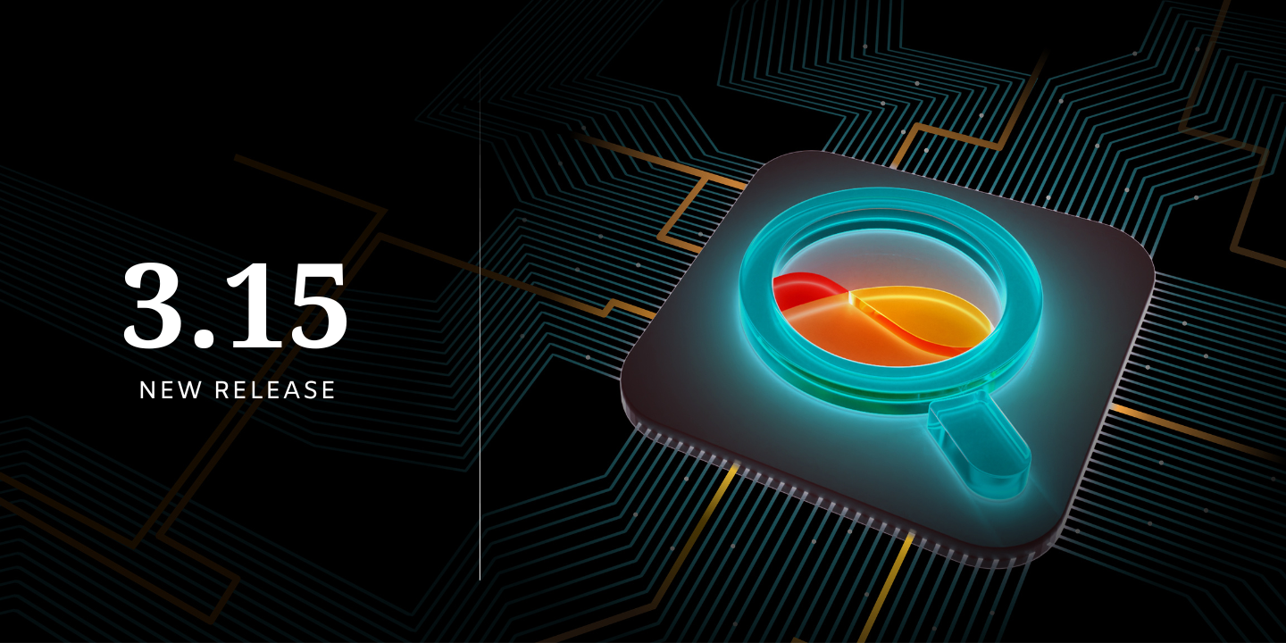 Promotional graphic for a microchip's new release 3.15, featuring an abstract design with a black background, orange and blue