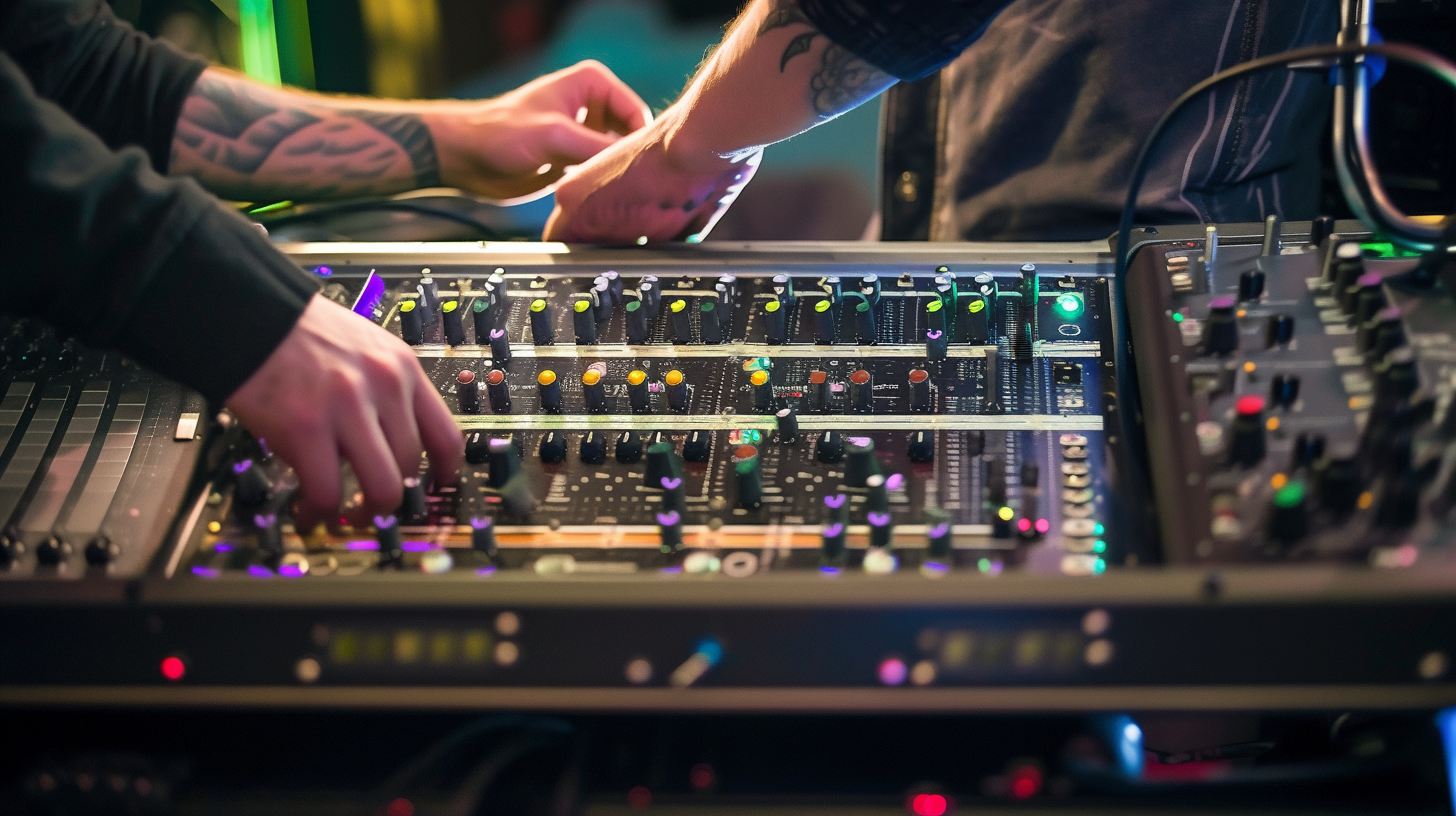 Two tattooed men adjusting a mixing console filled with knobs and sliders in a music studio setting