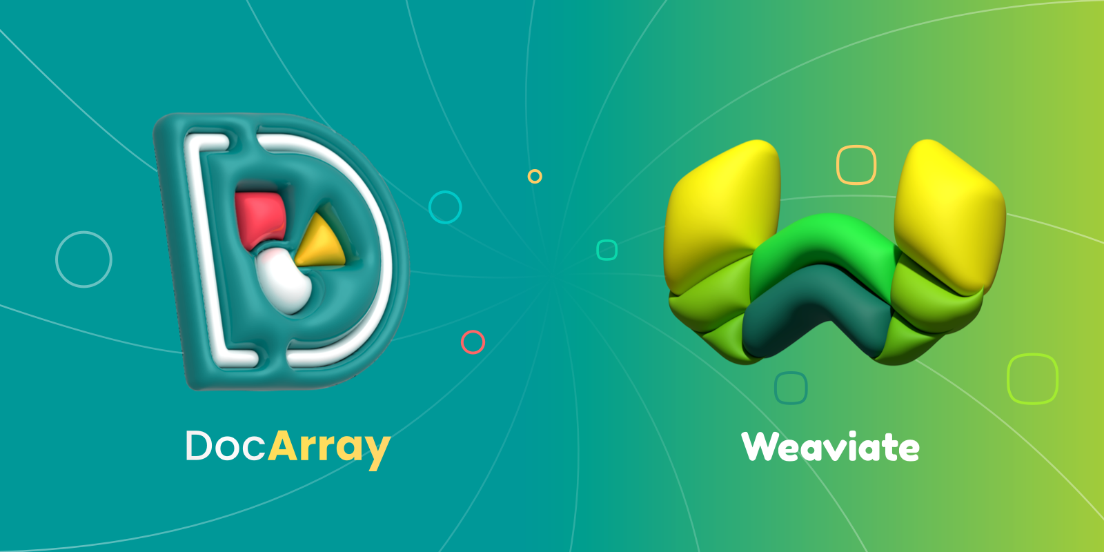 Dual logos of DocArray and Weaviate with stylized 'D' and 'W' in green and yellow tones on a gradient background