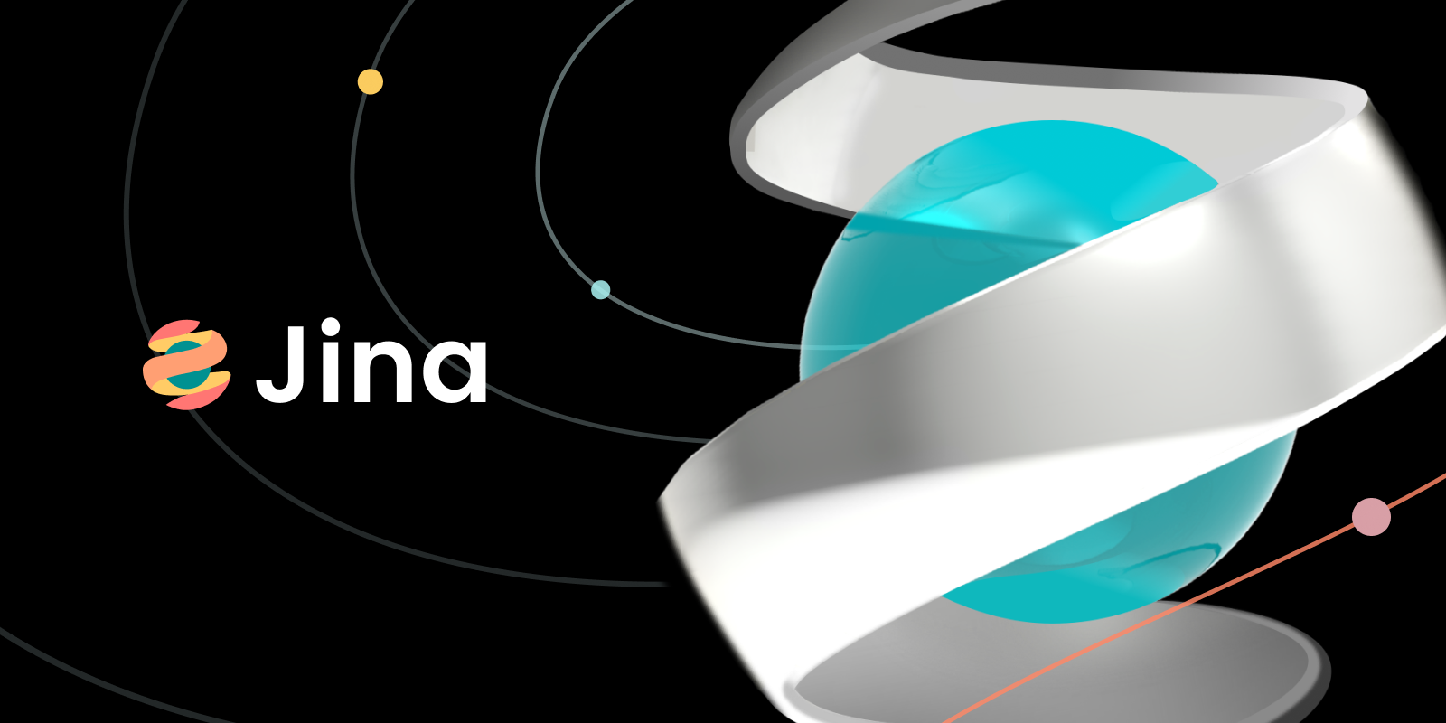 Jina logo with twisting white ribbon and turquoise core on a black background with colorful orbit-like dots