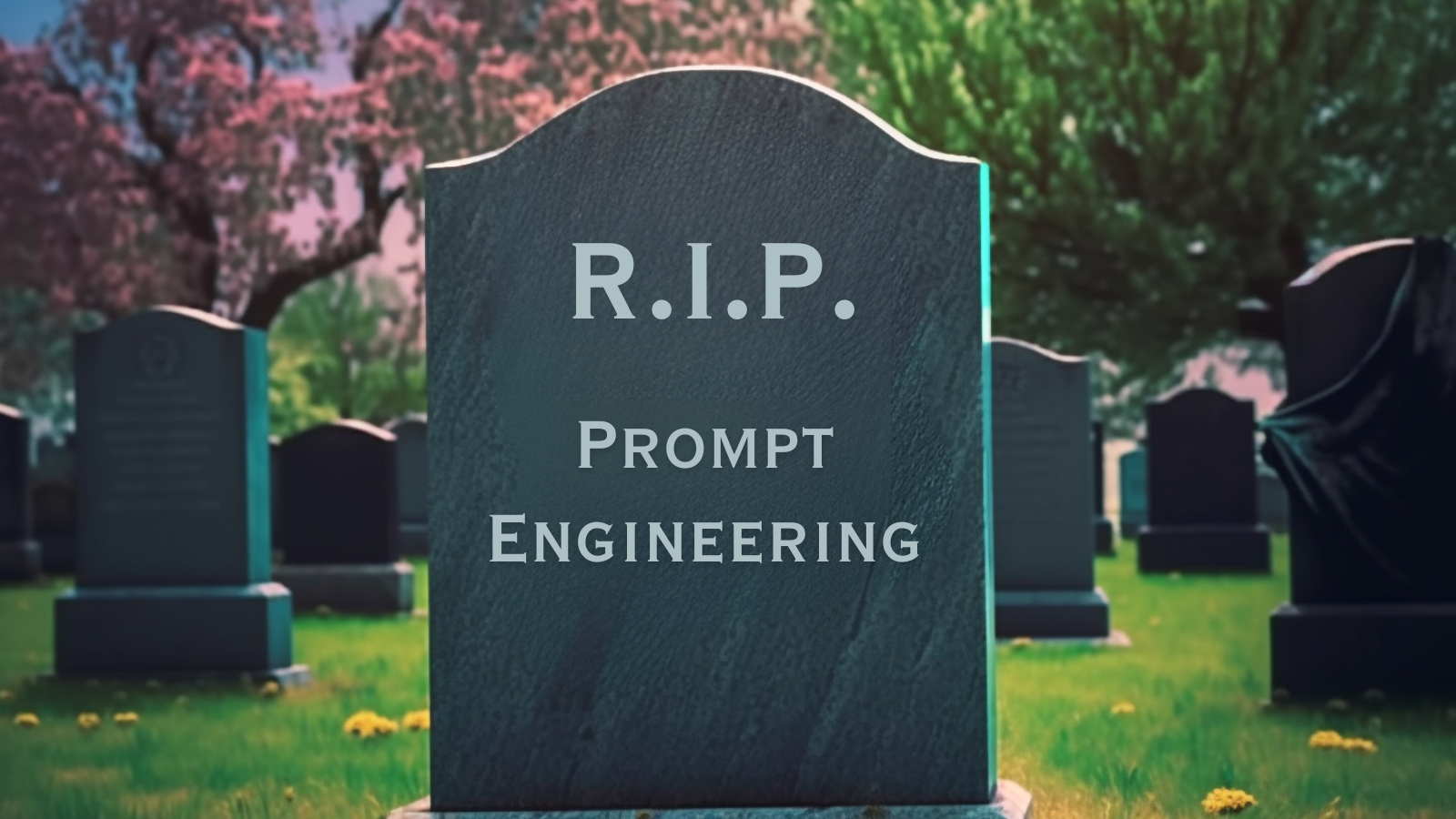 Gravestone with "R.I.P." and "Prompt Engineering" inscription in a cemetery with cherry blossoms