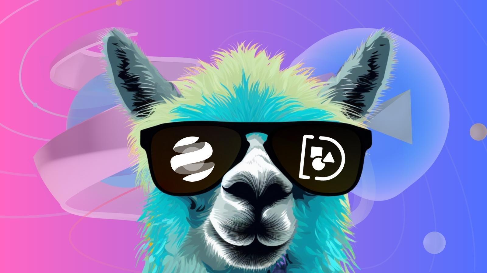 Stylized digital artwork of a turquoise llama with Ethereum-themed sunglasses against a vibrant abstract background