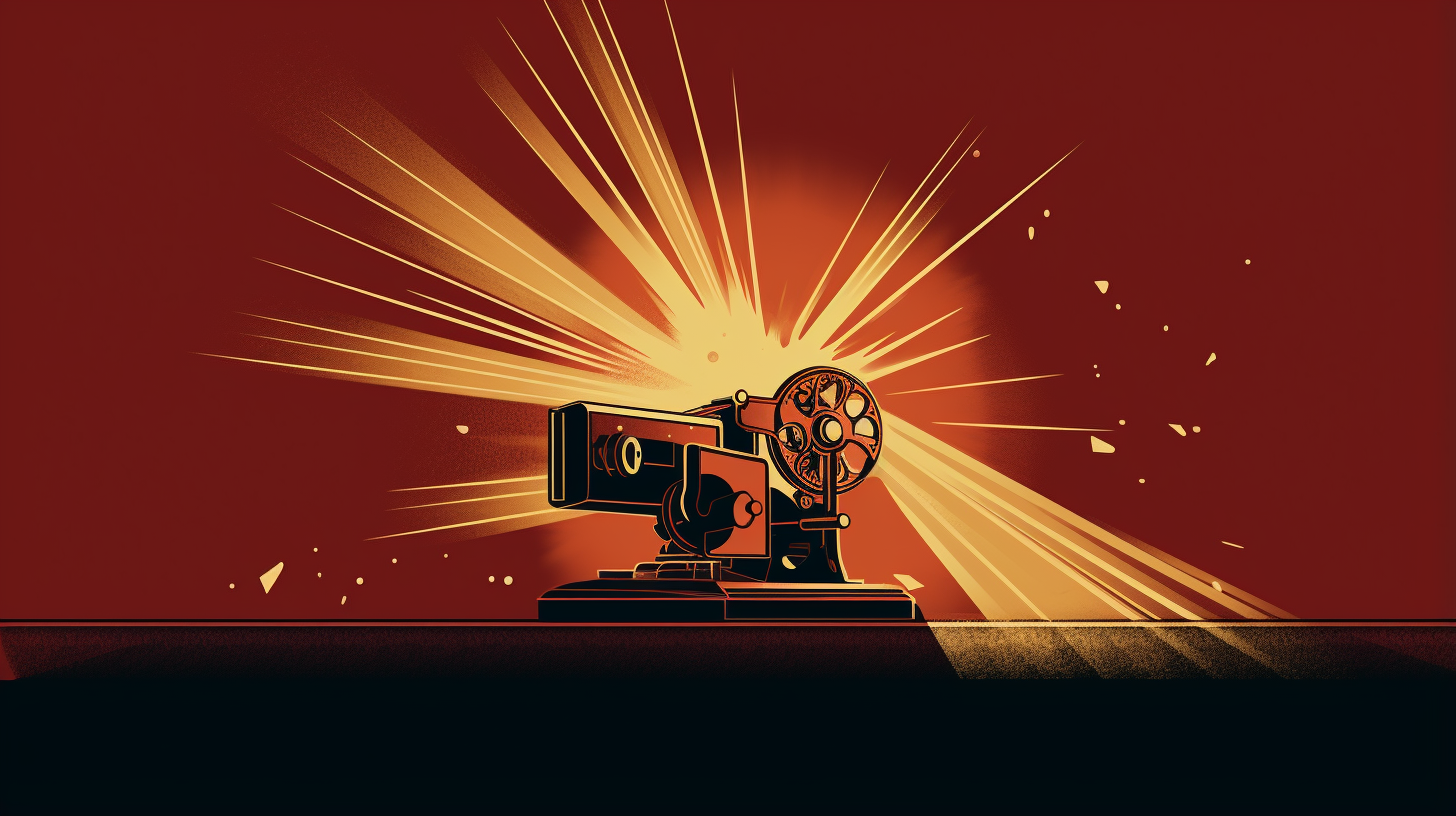 Illustration of an old-fashioned movie projector on a table with a dynamic burst of light on a red gradient background