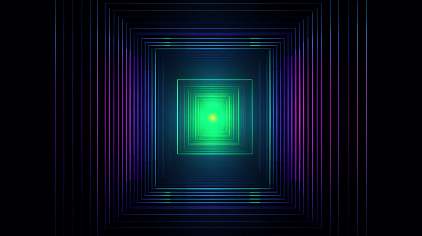 Abstract digital art of a neon square tunnel with radiant blue, green, and purple colors on a black background