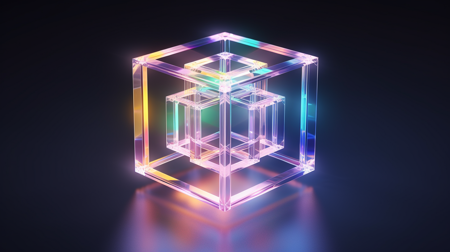 Abstract image of a glowing transparent cube with a rainbow reflection on a black background