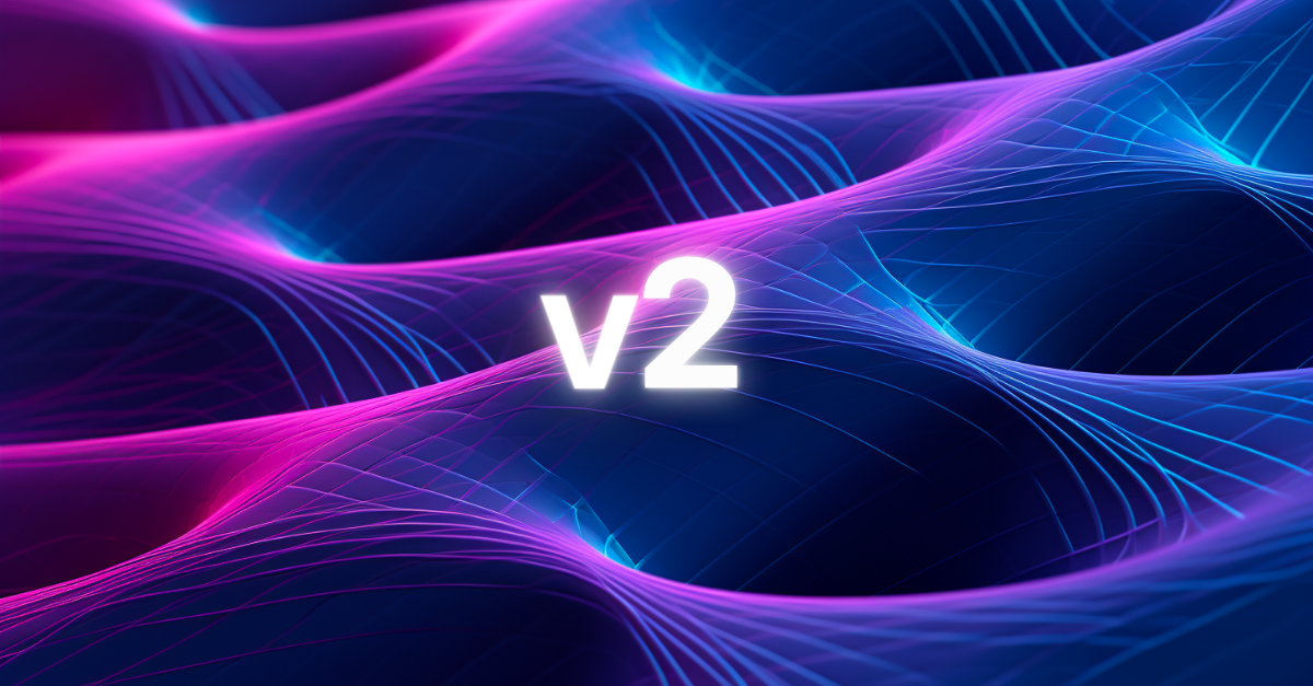 Neon "V2" inscription amidst blue and pink abstract waves, creating a dynamic, tech-inspired design