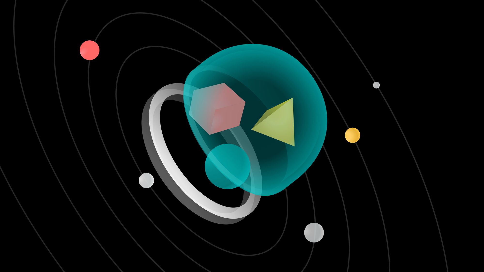 Illustration of blue and green planets on a black background with assorted surrounding celestial bodies