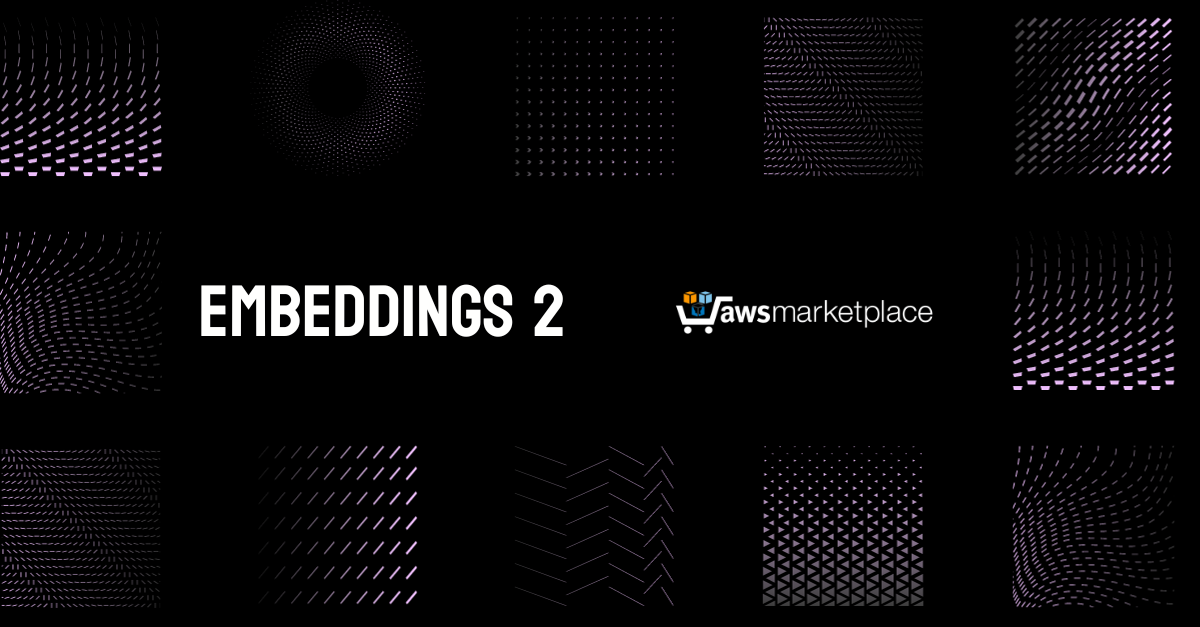 Black abstract background with "EMBEDDINGS 2" and "lawsmarketplace" text, hinting at a sleek, modern promotional design