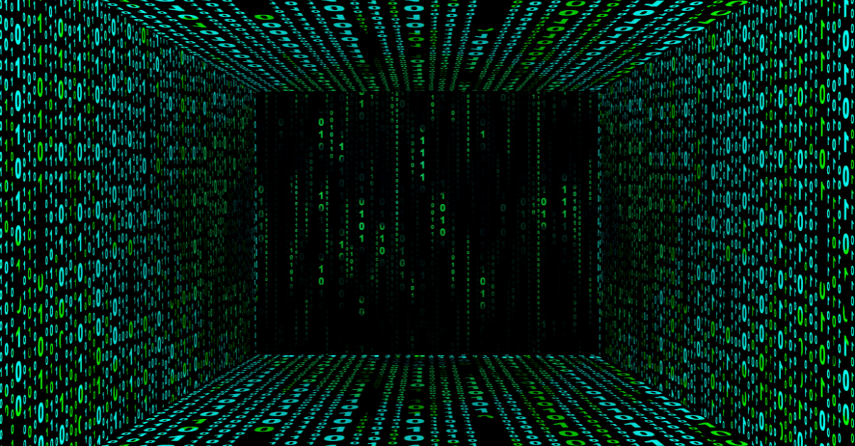 Digital 3D room filled with binary code in green and blue, featuring a central dark square