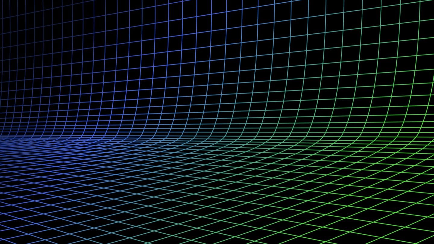 Abstract 3D render of a neon blue and green grid pattern on a black background, creating a sense of depth.