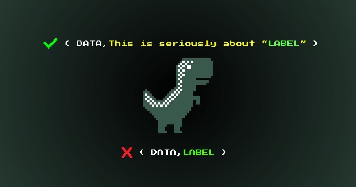 Black background with a green pixel dinosaur in the center, surrounded by green and yellow text related to data labeling.