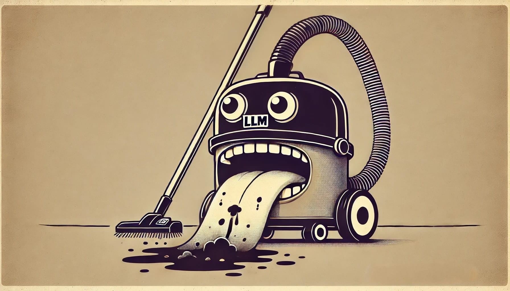 Illustration of a cartoonish robot vacuum cleaner with big eyes and an open mouth, humorously sticking out a tongue to clean,