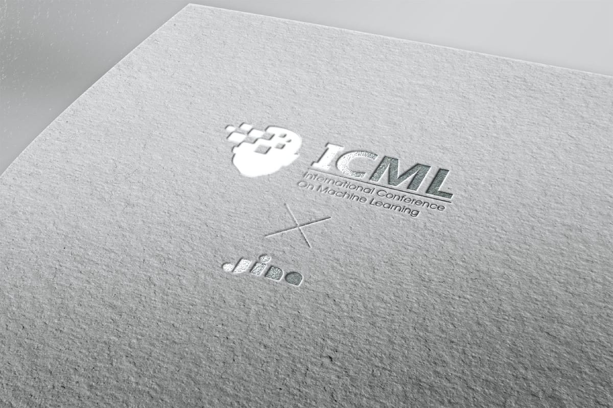 Two logos on gray background: upper "ICML International Conference on Machine Learning," lower abstract "vibo" logo.