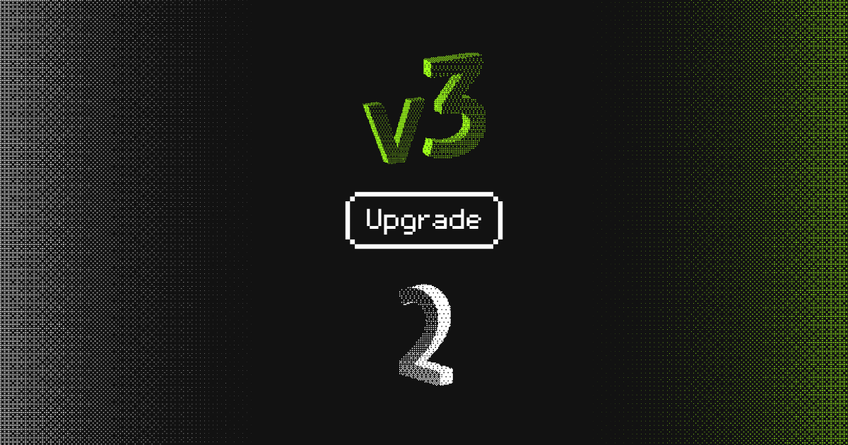 A digital upgrade theme with "V3" and a white "2", set against a green and black binary code background, with "Upgrade" centr