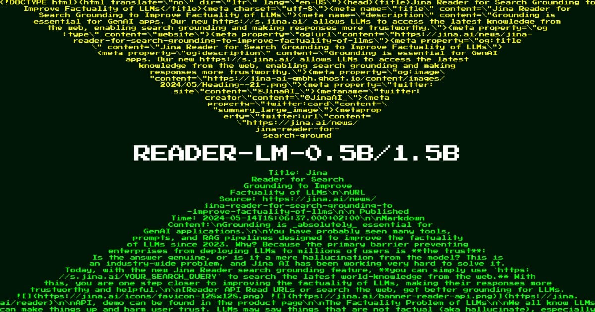 Technical screenshot displaying "REAPER-LM-0.5B/1.5B" with HTML source code for Jina's search grounding feature.