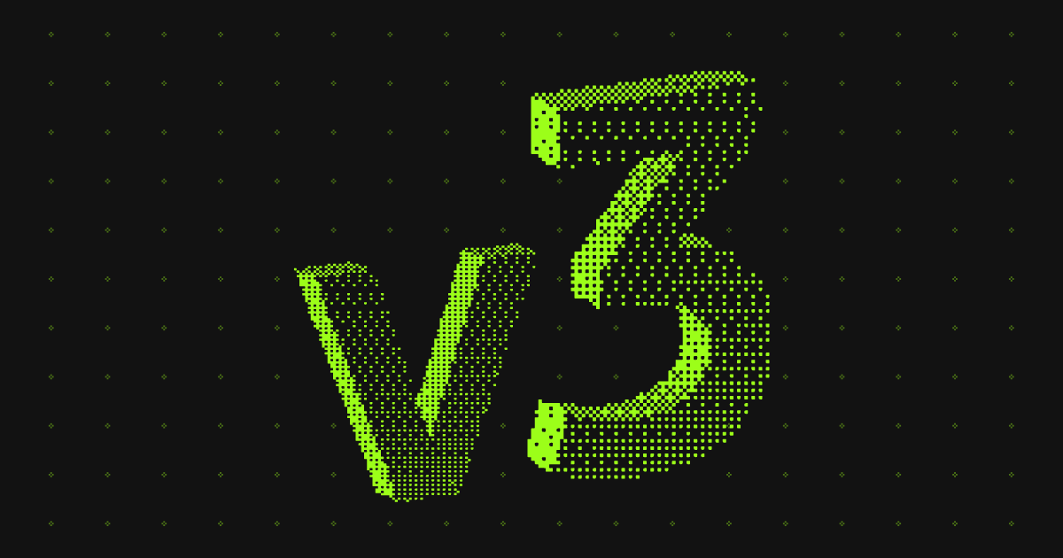 Dynamic image showing the characters "V3" formed by bright green dots varying in size on a black background.