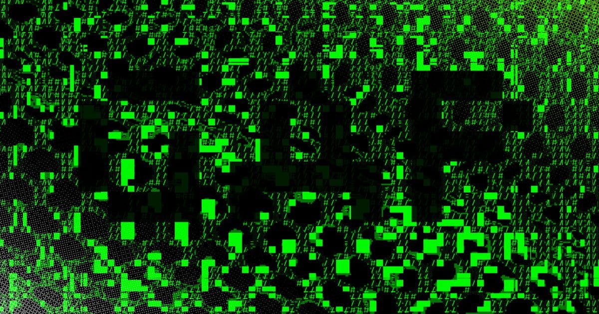 Neon green squares form intricate patterns on a black digital background, creating a dynamic, abstract design.