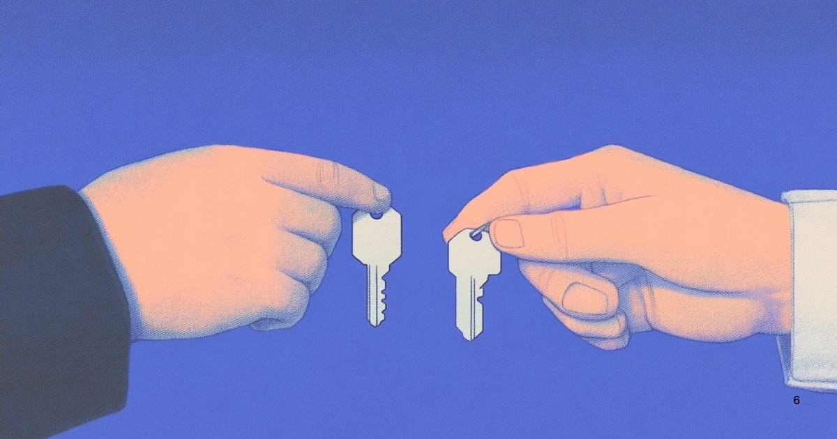 Two hands, each holding a key positioned to interact with each other, depicted against a deep blue background.