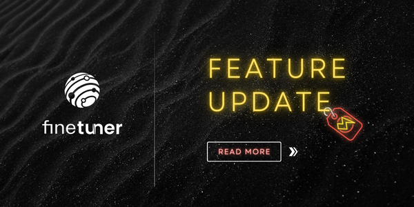 Black background with "feature update" text, Finetuner logo, and a "read more" tag